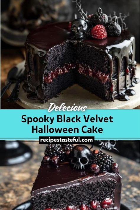 This Spooky Black Velvet Halloween Cake is a rich and velvety chocolate cake with a striking black color, filled with sweet blackberry compote and frosted with black cocoa buttercream. Topped with fresh blackberries and spooky chocolate skulls, it makes for a perfect Halloween dessert. Black Velvet Cake Recipe, Black Cake Recipe, Black Velvet Cake, Dark Chocolate Buttercream, Black Velvet Cakes, Blackberry Compote, Cake Bars Recipe, Blackberry Cake, Black Cocoa