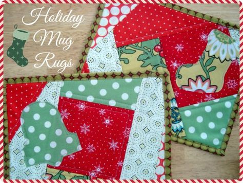 Learn the quilt as you go method while sewing super cute holiday mug rugs. Template included and free pattern. Thrifty Crafts, Christmas Mug Rugs, Mug Rug Tutorial, Mug Rug Patterns, Rug Tutorial, Christmas Sewing Projects, Holiday Sewing, Holiday Gift Baskets, Holiday Mug