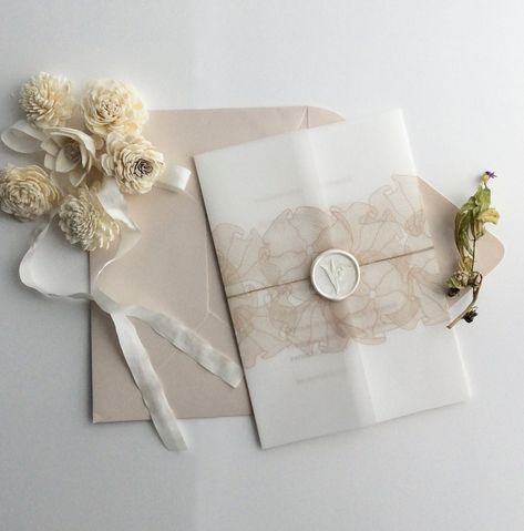 ✦ ITEM DETAILS ✦ printed Vellum wrap *  size 5 (W) x 7 (H) inches when folds - fit the invitation up to 5 inch wide card/ up to 120lb cardstock or 1/8 inch thick acrylic invitation == please measure your card and make sure the size of the card prior to ordering the vellum wraps == 29 lb white translucent vellum paper * flat printing * hand scoring & folded * ready to use * ✦ Not included- Printed invitation cards and any other items (insert cards, envelopes, strings, wax seals and etc.) ✦ Printi Save The Date With Ribbon, Vellum Invitations Wedding, Wedding Invitations Vellum Wrap, Vellum Wedding Invitations, Vellum Jacket, Printed Vellum, Vellum Wrap, Acrylic Invitation, Vellum Cards