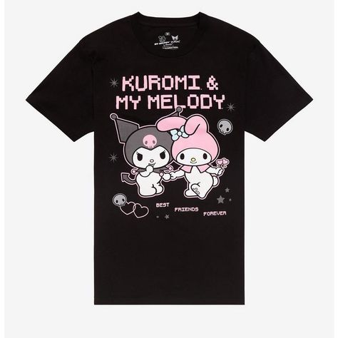 My Melody & Kuromi T-Shirt Black Xl New Condition: New Size: Xl Color: Black My Melody And Kuromi Would Definitely Make It On Our Top Friends List! This Sanrio Tee Is Bringing Back Those Cyber-Scene Vibes. This Black Tee Features The Duo Surrounded By Stars And Skulls, With Their Names And "Best Friends Forever" In A Pink, Pixelated Text Design. Please Note: This Style Runs Large; Size Down For A Tighter Fit. 100% Cotton Wash Cold; Dry Low Imported Black My Melody, Kuromi T Shirt, My Melody And Kuromi, Melody And Kuromi, Uniqlo Shirt, Kitty Clothes, Pop Pop Shirts, Hello Kitty Clothes, My Melody Kuromi