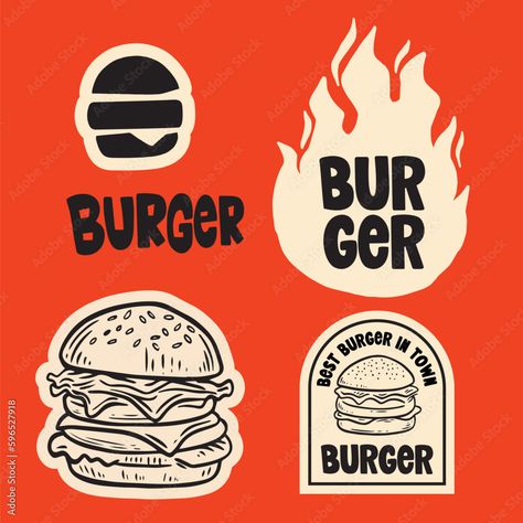 Food Truck Sticker Design, Burger Sticker Design, Food Logos Ideas, Vintage Burger Logo, Retro Burger Logo, Burger Banner Design, Retro Food Logo, Food Service Logo, Burger Illustration Graphics