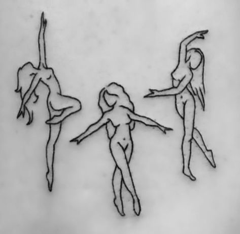 Feminist Tatoos Ideas, Dancing Goddess Tattoo, Witch Dance Tattoo, Happy Angel Tattoo, Dance Silhouette Tattoo, 3 Women Dancing Tattoo, 3 Dancing Ladies Tattoo, Divine Feminine Moon Tattoo, Dancing Women Drawing