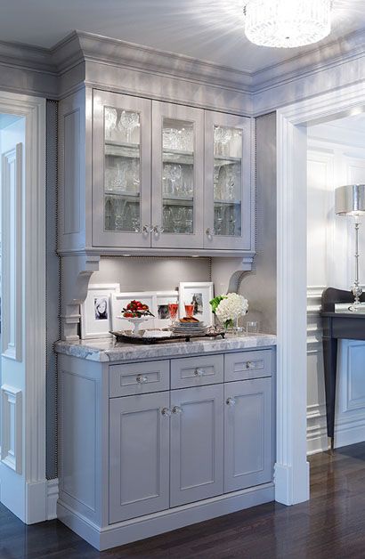 I absolutely love how the crown molding attaches to this china cabinet at the ceiling to make it look attached. Built In Hutch, Glass Front Cabinets, Butler's Pantry, Grey Kitchens, Pantry Design, Kitchen Redo, Kitchen Remodel Idea, Breakfast Nook, Kitchen Pantry