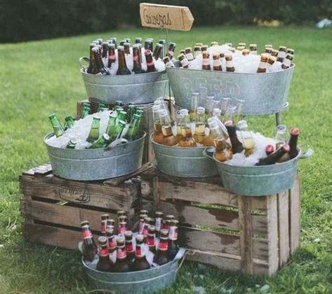 Galvanized Buckets Wedding, Wedding Drink Stations, Outdoor Wedding Bar, Diy Wedding Bar, Wedding Drink Bar, Wedding Alcohol, Wedding Motif, Drink Stations, Wedding Drink Station