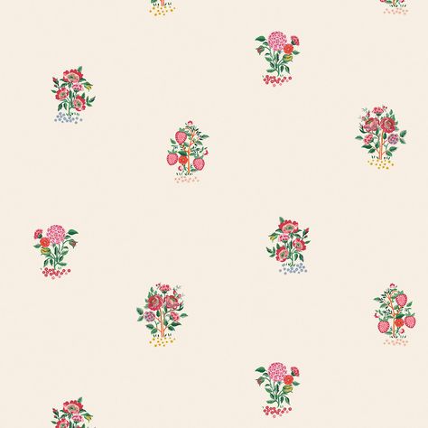 Looking for something a little more simple but just as sweet? Kingdom Posey Rose is just that. Featuring miniature strawberry plants, alongside bouquets of roses and foliage in an array of pinks, reds, yellows and green shades, with small accents of blue, upon a classic Cath Kidston cream background. This matt finish wallpaper is the definition of less is more, as it perfectly creates that light and fresh feel that fits so well within any homely setting.  The Cath Kidston wallpaper collection br Miniature Strawberry, Cath Kidston Wallpaper, Rose Pink Wallpaper, Bouquets Of Roses, Pink Floral Wallpaper, Striped Tile, Strawberry Plants, Green Shades, Glitter Paint