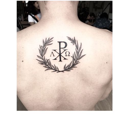 Chi Rho tattoo Reformation Tattoos, Chi Ro Tattoo, Chi Rho Tattoo, Jojo Tattoo, Chi Ro, Berg Tattoo, Catholic Tattoos, Catholic Symbols, Viking Tattoo Sleeve