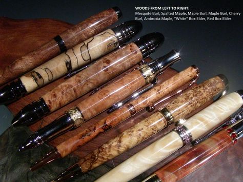 From Left to Right: Mesquite Burl, Spalted Maple, Big Leaf Maple Burl, Big Leaf Maple Burl, Cherry Burl, Ambrosia Maple Burl, Highly Figured "White" Box Elder, Flame "Red" Box Elder Tracy Davis, Turned Pens, Pen Turners, Hand Ideas, Wood Turning Pens, Wooden Pens, Pen Ideas, Hand Turned Pens, Wood Burl