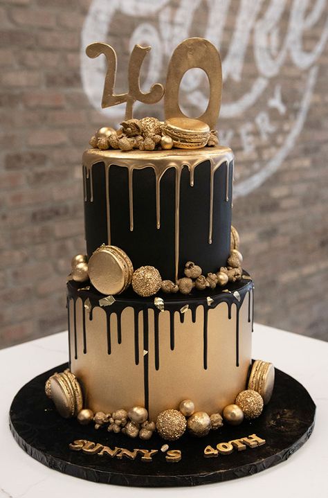 Gold And Black Birthday Decorations Men, Black Gold 18th Birthday, Two Tier Black And Gold Cake, 21st Birthday Cake Black And Gold, Black And Gold Bday Cake, Black And Gold 40th Birthday Cake, All Black 40th Birthday Party, Black And Gold Birthday Cake For Him, Black And Gold Cake For Men Birthday