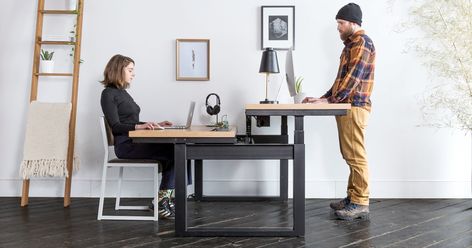 Shared Home Offices, Shared Home Office, Office For Two, Sit Stand Workstation, Standing Desk Office, Shared Office, Sit Stand Desk, Bureau Design, Adjustable Desk