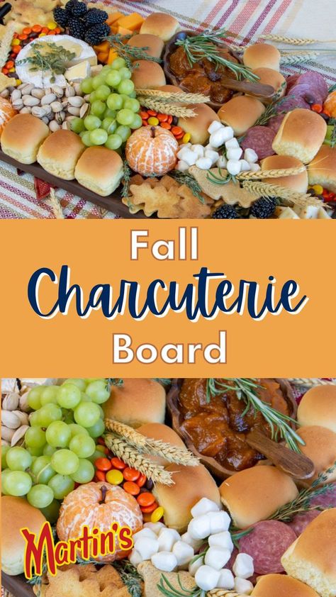 fall themed charcuterie board Party Rolls, Fall Charcuterie Board, Fall Charcuterie, Charcuterie Party, Appetizer Buffet, Backyard Food, Potato Rolls, Fancy Appetizers, Charcuterie Inspiration