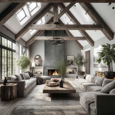 Living Room Decor Industrial Farmhouse, Grey Walls Farmhouse Living Room, Grey Living Room Fireplace, Modern Rustic Living Room Fireplace, Western Industrial Living Room, Scandinavian Great Room, Modern Farmhouse Inside, Denmark Farmhouse, Large Living Room Ideas With Fireplace