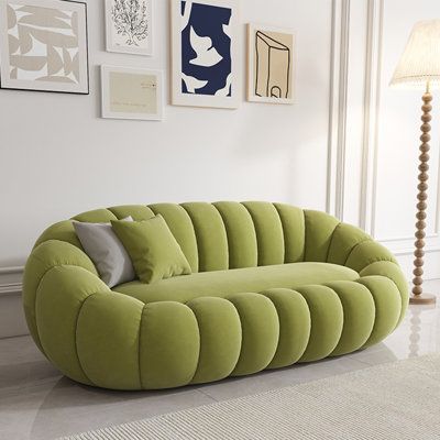 Unique pumpkin shape, sofa body without edges and corners, soft, just like the clouds; The fabric is comfortable and skin-friendly, not afraid of stains, but also suitable for various Spaces. Fabric: Green Polyester Blend | Everly Quinn Abeal 70.9" Sofa Polyester in Green | 25.6 H x 70.9 W x 37.4 D in | Wayfair Wavy Couch, Unique Couches Living Room, Groovy Couch, Fun Couches, Aesthetic Couches, Lime Green Couch, Shopify Balance, Funky Couch, Estudio Podcast