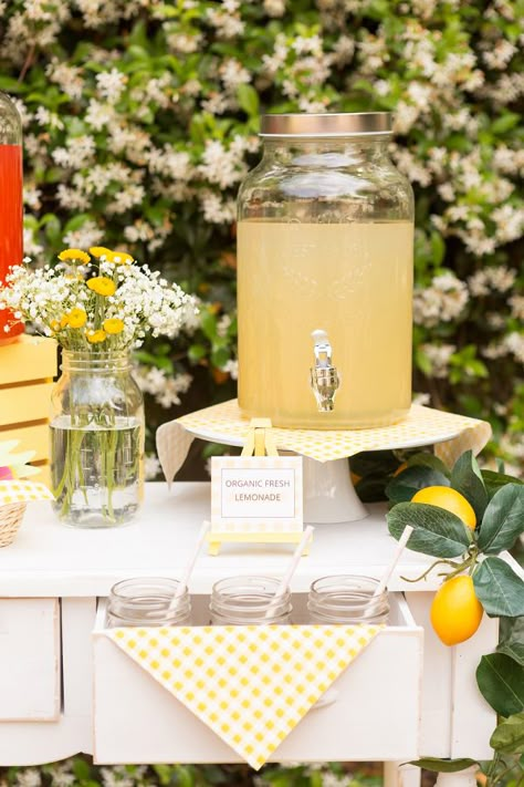 This lemonade bar is the perfect way to keep your guests cool and refreshed in the hot summer sun! Wedding Lemonade Bar, Wedding Lemonade Stand, Wedding Lemonade, Gray And Yellow Wedding, Lemonade Wedding, Yellow Wedding Decorations, Beverage Stations, Diy Bridesmaid Gifts, Found Her Main Squeeze