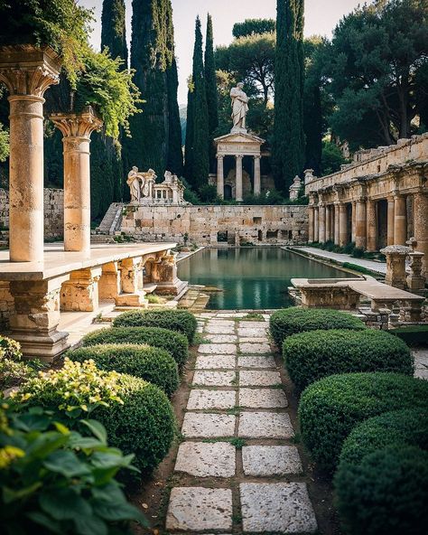 240406 - roman gardens leak over travertine; sdxl (comfy), midjourney, magnific, python, lightroom . i use the word "leak" here, as the… | Instagram Roman Garden Ideas, Roman House Design, Greco Roman Aesthetic, Green House And Garden, Roman Mansion, Mallorca Homes, Roman Courtyard, Ancient Greek Garden, Roman Castle