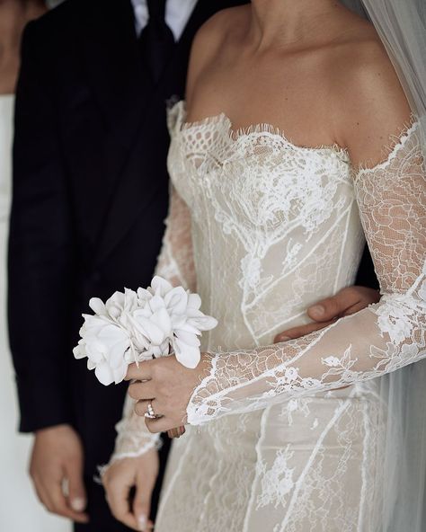 Lace Wedding Sleeves, Eyelash Lace Wedding Dress, All Lace Wedding Dress With Sleeves, Sleeves Added To Wedding Dress, Trying On Wedding Dresses Outfit, Lace Detail Dress, Delicate Lace Wedding Dress, Off The Shoulder Wedding Dress Sleeves, Off The Shoulder Wedding Dress Lace