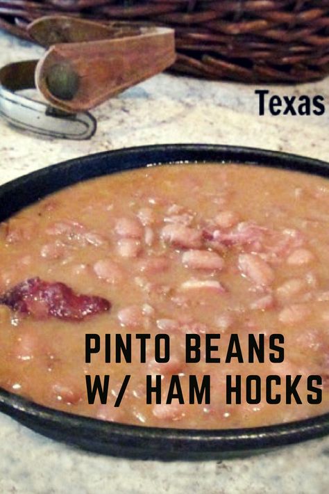 Savor the authentic taste of Texas with Mom's secret recipe for Pinto Beans with Ham Hock.  Filled with wholesome goodness, this recipe was a staple at our dinner table, a testament to making ends meet without compromising on taste or nutrition. This recipe is a celebration of the humble pinto bean, protein-rich ham hocks, and a sprinkle of spices, all slow-cooked to perfection. #PintoBeans #TexasBeans #TexasPintoBeans #BeansHamHocks #HamHocks #HamHockRecipe #MyTurnforUs Frozen Greens Recipe Soul Food, Instant Pot Pinto Beans With Ham Hock, Ham Hawk And Bean Soup, Red Beans And Rice Recipe With Ham Hock, Smoked Ham Hocks And Beans, Ham And Pinto Beans Crockpot Recipes, Pintobeans Beans Recipes, Instant Pot Ham Hocks, Cracker Barrel Pinto Beans Recipe