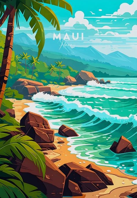 Tropical Aesthetic Collage, Tropical Island Illustration, Hawaii Illustration, Star Wars Travel Posters, Island Illustration, Hawaii Poster, رسم كاريكاتير, Lost Poster, Tropical Painting