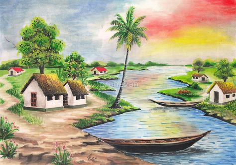 Village Scene Drawing, Village Drawing, Gambar Lanskap, Drawing Scenery, Oil Pastel Colours, Scene Drawing, Art Village, Scenery Paintings, Oil Pastel Drawings