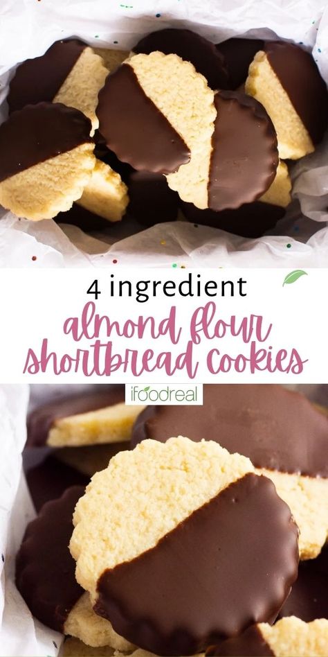 These 4-ingredient Almond Flour Shortbread Cookies are not only rich and buttery, but also gluten free, grain free, Paleo, and optionally sugar free (keto!) and/or vegan. Dipped in chocolate or not, these Christmas cookies are delicious. Almond Flour Shortbread Cookies, Almond Flour Shortbread, Almond Flour Recipes Cookies, Gluten Free Shortbread Cookies, Gf Treats, Flourless Desserts, Gluten Free Shortbread, Gluten Free Christmas Cookies, Gf Cookies