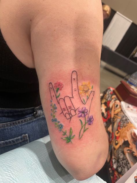 Asl I Love You Tattoo With Flowers, I Love You Hand Tattoo Signs, I Love You Asl Tattoo With Flowers, I Love You Sign Language Tattoo With Flowers, I Love You Hand Sign Tattoo, Asl I Love You Tattoo, Love Sign Tattoo, Deaf Tattoo Ideas, Sign Language Tattoo Ideas