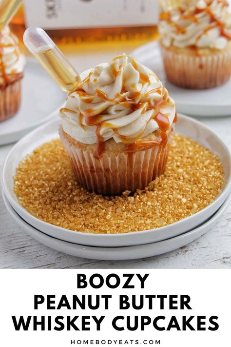 Learn how to make the best liquor cupcakes with peanut butter whiskey. These boozy cupcakes are made with a yellow cake then topped with an alcohol infused buttercream and a drizzle of caramel. If you like drinking peanut butter whiskey, this is the perfect dessert recipe for you! Cupcakes Made With Alcohol, Beer Flavored Cupcakes, Whiskey Infused Cupcakes, Cupcakes With Shots On Top, Screwball Cupcakes, Booze Cupcakes Recipes, Chocolate Whiskey Cupcakes, Cupcakes With Pipettes Liquor, Infused Cupcakes Recipes Alcohol