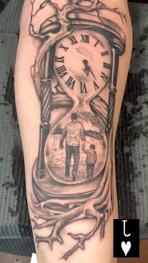 Fathers Memorial Tattoos, Hourglass Memorial Tattoo, Father Son Tattoos For Men, My Fathers Keeper Tattoo, Father Time Tattoo, Tattoos In Memory Of Dad, Tatto Clock, Dad And Son Tattoo Ideas, Father And Son Tattoo