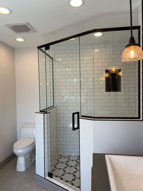 Save bathroom space with a neo angle shower door. Pony Wall Corner Shower Ideas, Corner Shower Next To Toilet, Prism Shower Ideas, Glass Shower Doors Corner, Diagonal Shower Door, 45 Degree Angle Shower Door, Frameless Corner Shower Doors, Corner Shower With Half Wall, Corner Entry Shower Enclosure