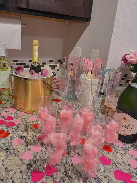 cotton candy cocktail for galentine’s party Disco Themed Snacks, Pink Party Drinks, Cotton Candy Cocktail, Cotton Candy Champagne, Cocktail Decorations, Heart Shaped Candles, Disco Birthday Party, Galentines Party, 19th Birthday