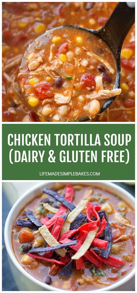 If you love soup, you've gotta try this thick and delicious chicken tortilla soup. It's loaded with veggies and protein, plus it's naturally gluten free and dairy free! #chickentortillasoup #chickensoup #tortillasoup #dairyfreechickentortillasoup #glutenfreechickennoodlesoup Tortilla Soup Dairy Free, Chicken Tortilla Soup Dairy Free, Soup Dairy Free, Life Made Simple, Dairy And Gluten Free, Dairy Free Recipes Dinner, Dairy Free Soup, Dairy Free Dinner, Dairy Free Gluten Free