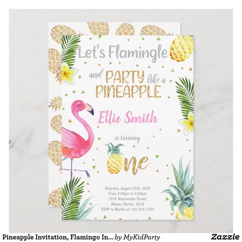 Flamingo First Birthday Party, Flamingo First Birthday, Luau Birthday Party Invitations, Tropical Birthday Invitations, Pool Birthday Invitations, Pineapple Birthday Party, Flamingo Invitation, 13th Birthday Invitations, Tropical Invitations