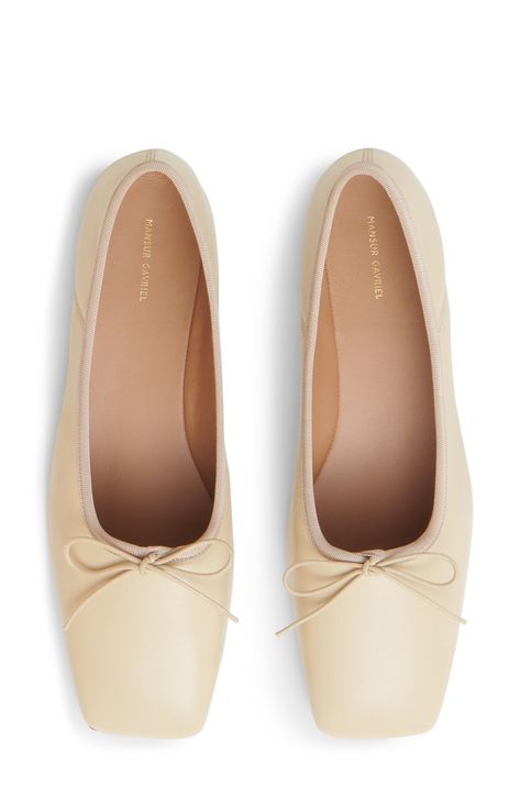 This ballet flat detailed with a dainty bow has a distinctive square toe for a look that's at once modern and timeless. Leather or synthetic or genuine calf hair (Turkey) upper/leather lining and sole Made in Portugal Square Toe Ballet Flats, Square Ballet Flats, Square Toe Flats, Ballerina Style, Mansur Gavriel, Leather Conditioner, Early Fall, Ballerina Flats, Calf Hair