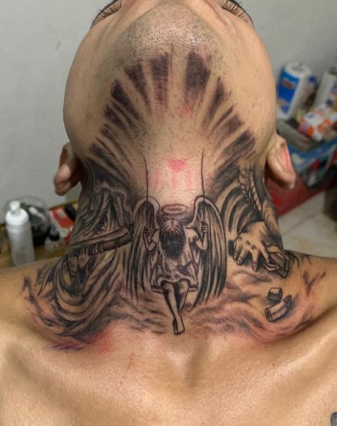 Jaw Line Tattoo Men, Middle Of Neck Tattoo Men, Throat Tattoo Men Ideas, Hood Neck Tattoos, Throat Tattoo Men Design, Chicano Neck Tattoos, Full Throat Tattoo Men, Throat Tattoo Designs, Middle Neck Tattoo Men