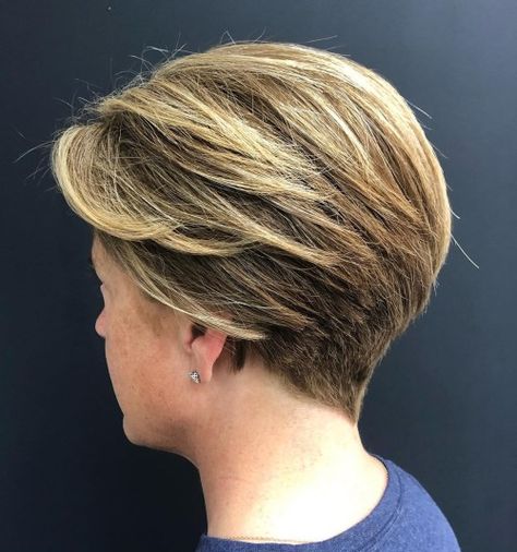 Short Wedge Cut Pixie with Blended Layers Short Wedge Hairstyles Pixie Cuts, Ladies Wedge Haircut, Short Stacked Wedge Haircut With Bangs, Heartthrob Bob, Wedge Bob Haircuts, Short Stacked Wedge Haircut, Haircut For Women Over 50, Blended Layers, Feminine Short Hair