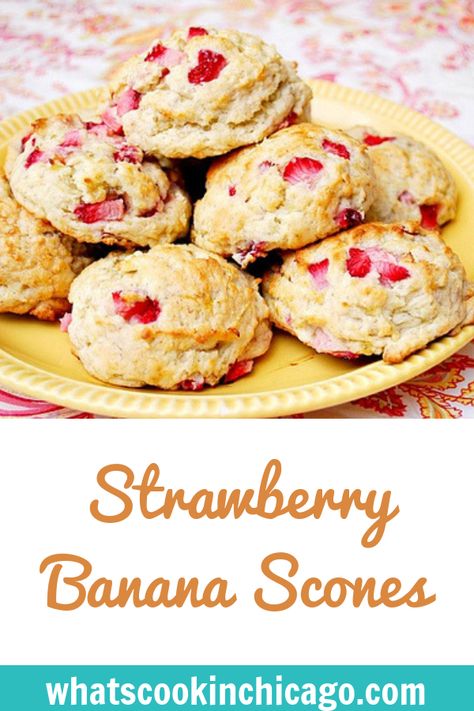 Strawberry Banana Scones #scones #brunch #recipes Strawberry Banana Scones, Strawberry Banana Waffles, Banana And Strawberry Recipes, Strawberry And Banana Dessert, Strawberry And Banana Recipes, Banana Scones Recipe, Strawberry Banana Cookies, Strawberry Banana Recipes, Pound Cake Muffins