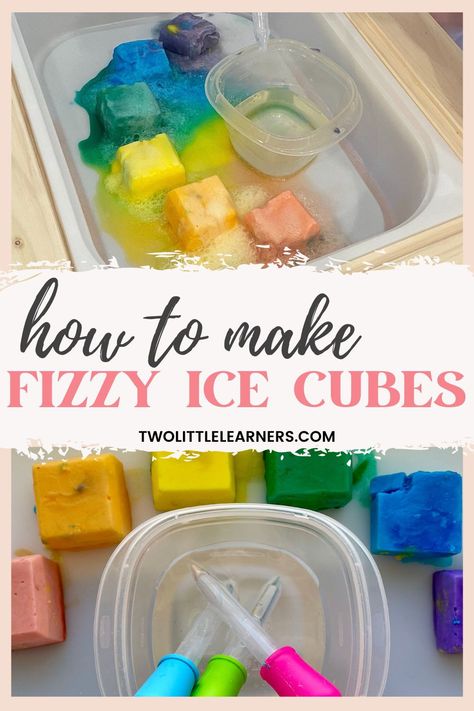 This blog post is all about how to make fizzing ice cubes. This simple fizzy ice cubes experiment is a fun science experiment for kids or toddlers. Learn more about this baking soda and vinegar experiment at twolittlelearners.com Baking Soda Ice Cubes, Fizzing Ice Cubes, Ice Sensory Play Toddlers, Fizzy Ice Cubes, Baking Soda And Vinegar Experiment Kids, Science Experiments Toddlers, Ice Activities For Toddlers, Best Science Projects, Quests Ideas