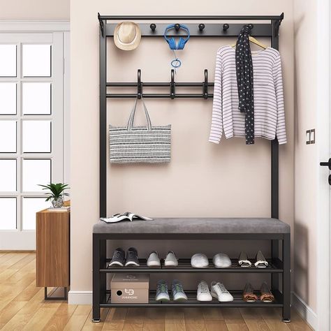 WPPTNSFY Hallway Shoe Rack and Bench with Hooks, Entry Bench with Coat Rack, Metal Frame, Intimate Foot Pad Design Non-Slip and Scratch-Resistant, for The Living Room Hall, L:80/100CM, Dark Grey : Amazon.co.uk: Home & Kitchen Coat Rack Shoe Bench, Entryway Hall Tree, Coat And Shoe Rack, Shoe Rack Bench, Hallway Coat Rack, Standing Coat Rack, Storage Stool, Shoe Bench, Hall Tree