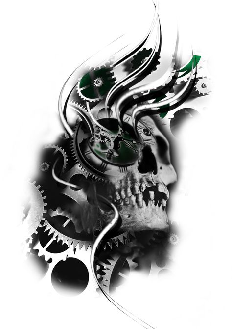 Skull With Gears Tattoo, Big Skull Tattoo Designs, Skull And Gears Tattoo, Watch Gears Tattoo, Skull Clock Tattoo Design, Gears Tattoo Design, Skull And Clock Tattoo Design, Clock Gears Tattoo, Gear Tattoo Design