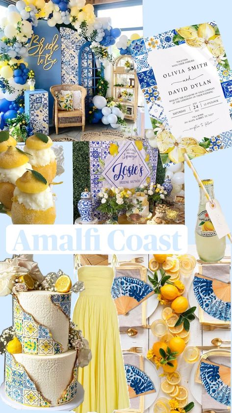 Positano Themed Bridal Shower Ideas, Italy Party Theme, Summer Bridal Shower Themes, Coastal Wedding Theme, Blue Bridal Shower Themes, Amalfi Lemons, Italian Bridal Showers, Lemon Centerpieces, Italian Themed Parties