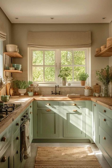 15 Green and Wood Kitchen Design Tips | Green Snooze Wood And Sage Kitchen, Breakfast Room Green Kitchen, Green Kitchen Cabinets Wood Countertop, Sage And Wood Kitchen, Green And White Kitchens, Cottage Kitchen Green, House Interior Green, Green Aesthetic Kitchen, Sage Kitchen Walls