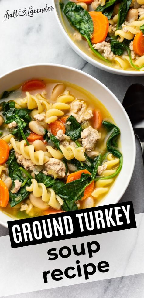 Ground Turkey Spinach Soup, Ground Turkey Orzo Soup, Ground Turkey Carrots Celery, Ground Turkey Noodle Soup, Ground Turkey Recipes Soup, Turkey Meat Soup Recipes, Soup Using Ground Turkey, Ground Turkey Stew Recipes, Ground Turkey Soup Crockpot