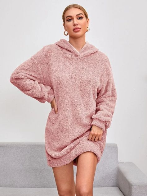 Teddy Sweatshirt, Mode Purple, Hooded Sweatshirt Dress, Drop Shoulder Hoodie, Dress Sleeve Length, Dropped Shoulder Sweatshirt, Women Sweatshirts, Plain Dress, Hooded Dress