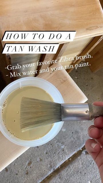 Maggie | Pinch of Paint on Instagram: "How to do a tan wash to even out your wood: -Grab your favorite @zibrapainting brush. I used a tan brush. -Mix water and tan paint. I did a 3:1 ratio -Brush on & wipe off excess with a rag. -Let dry and seal. #tanwash #whitewash #howtopaint #paintingfurniture #learnhowtopaint #flippingfurniture #sidehustle #makingmoney #smallbusiness #smallbusinesshustle #watchmeflip #furnituresale #paintwithme #tan #pinchofpaint #painteddesk #diy" Tan Wash Kitchen Cabinets, Tan Washing Wood, Tan Wash Furniture Diy, Tan Wash Cabinets, How To Tan Wash Furniture, Tan Wash Wood, Tan Wash Furniture, White Wash Wood Furniture, Painted Bookcases