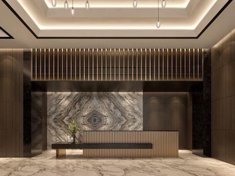 HOTEL LOBBY on Behance Entrance Hotel Design, Modern Luxury Hotel Lobby, Hotel Lobby Lounge Design, High End Hotel Lobby, Reception Hotel Design, Luxury Hotel Lobby Reception, Gym Reception Desk, Hotel Entrance Lobby, Residential Lobby Interior