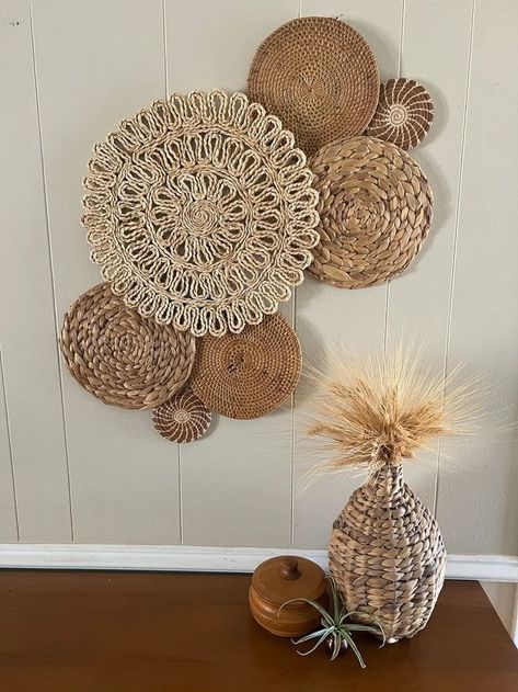 Neutral Boho Wall Decor, How To Hang Boho Basket Wall, Wall Round Decor, Boho Items Decor, Boho Wicker Decor, Neutral Kitchen Wall Decor, Round Basket Wall Decor, Basket Wall Decor Modern, Tan Wall Decor