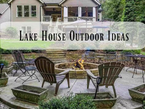 Lakeside Outdoor Living Space, Lakefront Patio Ideas, Outdoor Lake Living, Lake House Decks And Patios, 2023 Lake House Trends, Lake House Ideas Outdoor Cottage, Outdoor Lake Patio Ideas, Lake House Patio Ideas Outdoor Spaces, Lakeside Deck Ideas