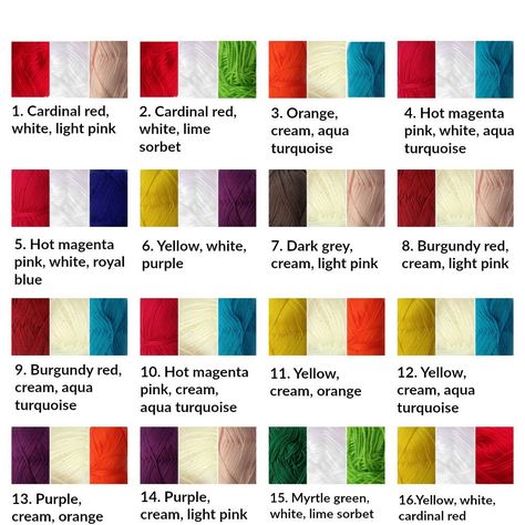 A list of exciting acrylic yarn colour combinations I can use for making custom order beanies, hats, ponchos and blankets. Yarn Colour Combinations, Yarn Color Combinations, Colour Combos, Colour Chart, Colour Combination, Colour Combinations, Bright Colours, Color Theory, Yarn Colors