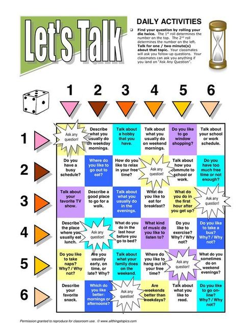 This is a great speaking activity to talk about daily activities. Your students roll the die twice to find a question to talk about. The first roll determines the number on the top and the second roll determines the number on the left. Speaking Games, Materi Bahasa Inggris, Esl English, Esl Activities, English Games, Speaking Activities, English Classroom, English Activities, Esl Teaching