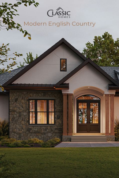 The center of a single level home, showing the front entry portico, double reverse gable, double stained natural wood posts, stone and stucco. Modern English Country Exterior, Contemporary English Country House, English Style House Exterior, Modern English House Exterior, Single Level Home Exterior, Mary Debenham, Modern English House, English House Exterior, English Style House