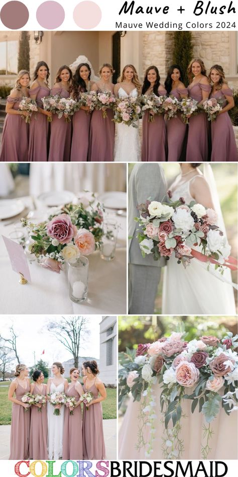 Best 8 Mauve Wedding Color Combos for 2024 - ColorsBridesmaid Dusty Rose And Plum Wedding, Dusty Rose Wedding Theme Color Palettes, Dark Mauve Wedding Theme, Wedding Color Schemes Blush Pink, Mauve Navy Wedding, Wedding Flowers Mauve, Mauve Summer Wedding, Mauve And Green Color Palette, Dusty Pink And Mauve Wedding