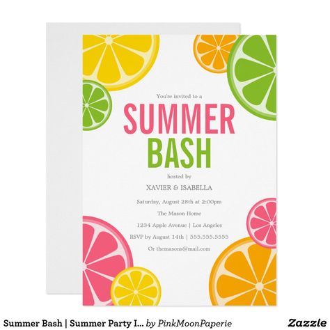 Summer Bash | Summer Party Invitation Summer Birthday Party Invitations, Picnic Invitations, Summer Invitation, Summer Bash, Summer Party Themes, Summer Party Invitations, Stationery Products, Summer Birthday Party, Invitation Party